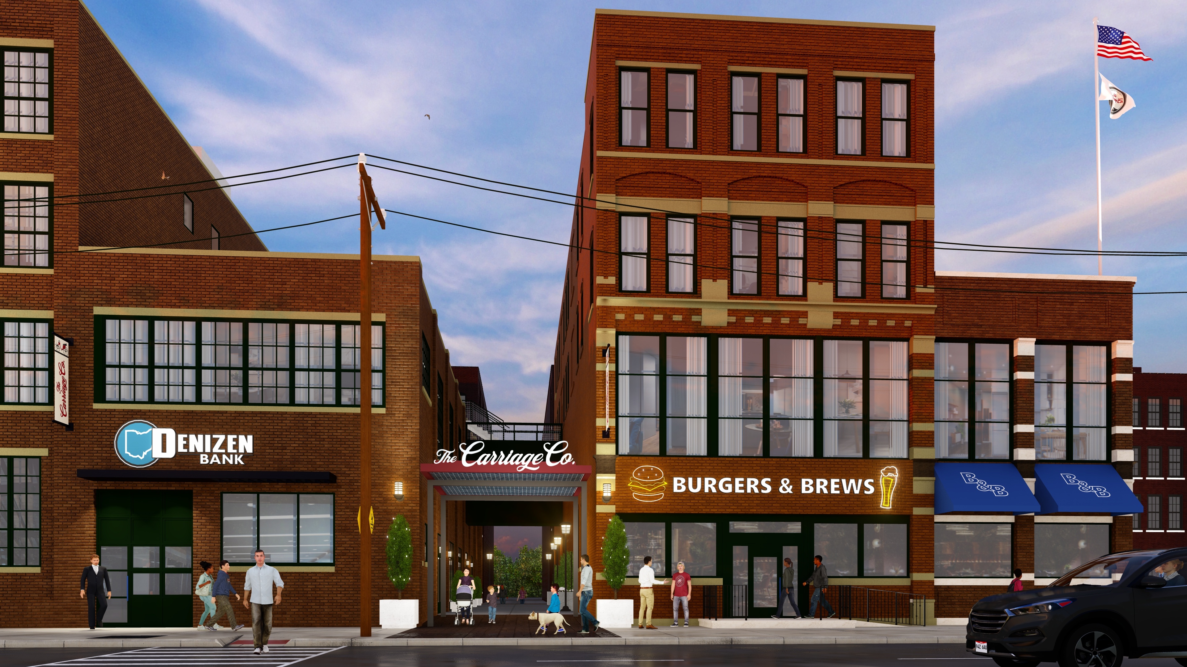 A Denizen Bank branch is located in a building with a Burger's and Brews restaurant.